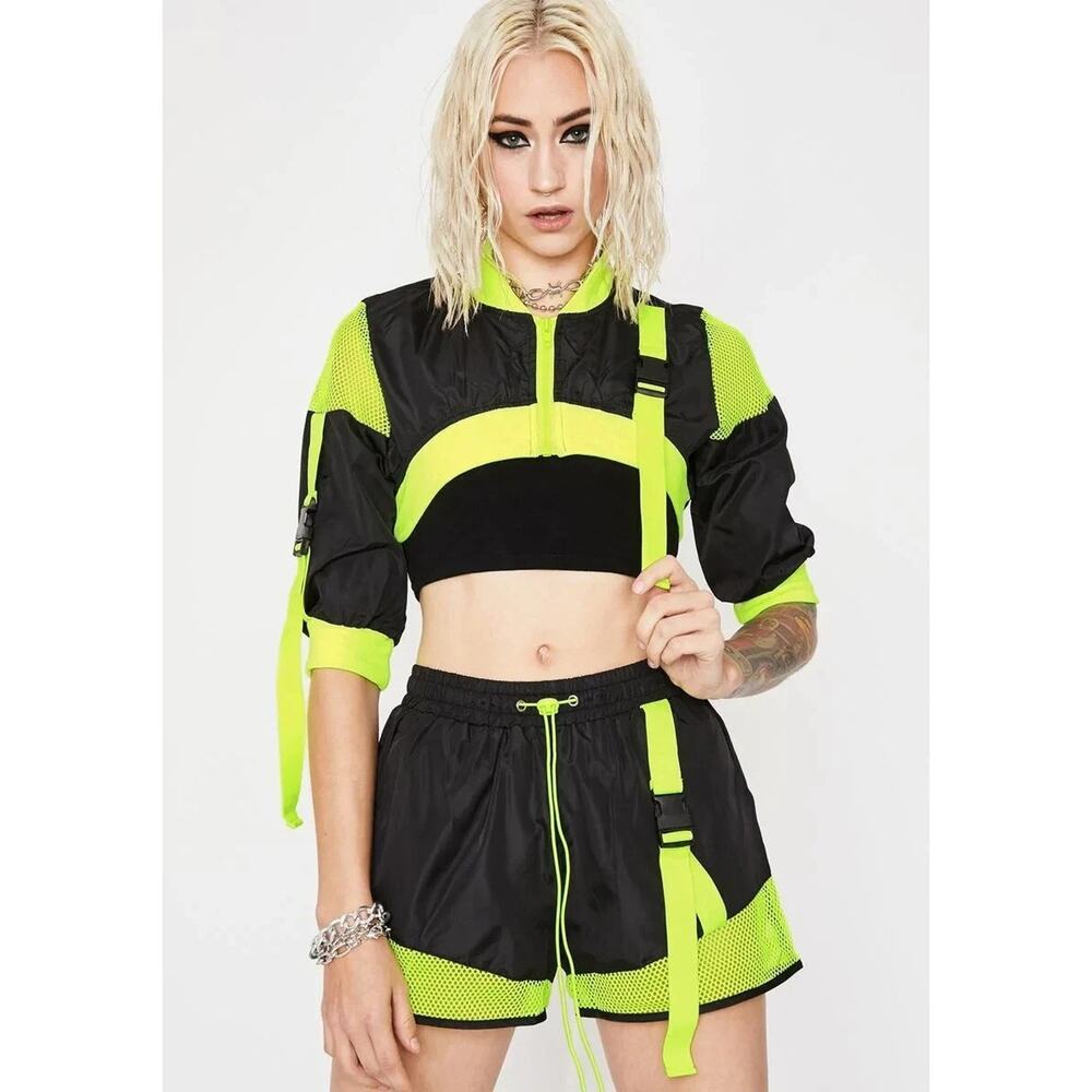 Hot & Delicious Mesh Panel Crop Jacket Shorts Set Neon Yellow & Black , Large